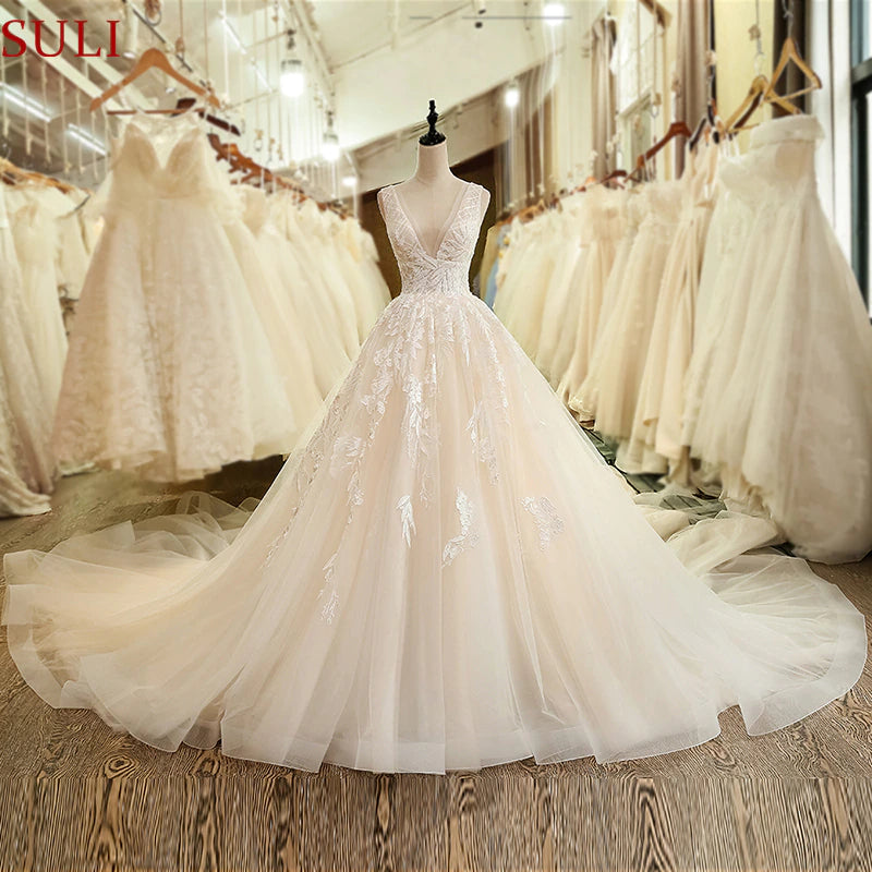 Church Plus Size Deep V-Neck Pleats Wedding Dress Backless Long Train Crystal Lace Wedding Gown for Woman