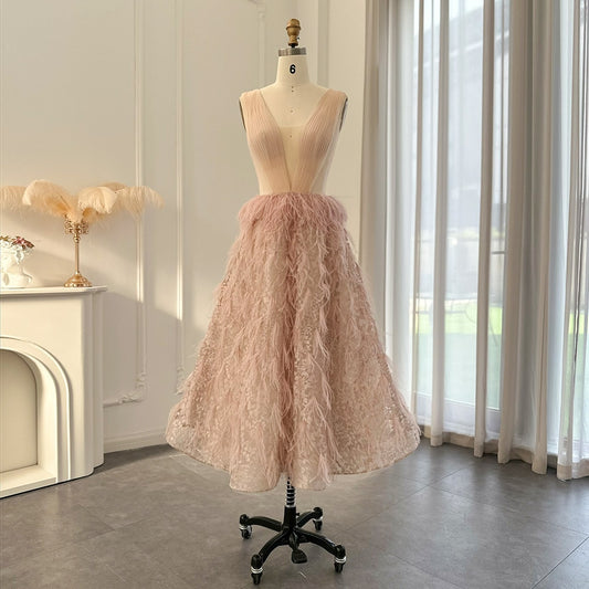 Luxury Dubai Feather Blush Pink Short Evening Dresses for Women Wedding Party Midi Formal Cocktail Prom Gowns SS216