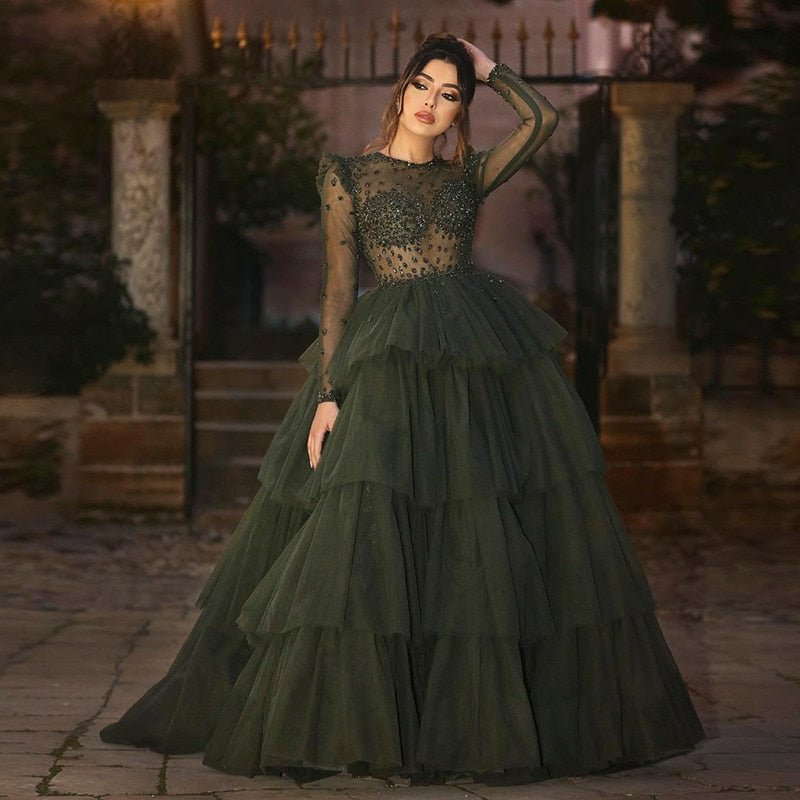 Olive Green Long Sleeve Dubai Evening Dresses for Women Wedding Party Gowns Puffy Ruffles Elegant Formal Prom Dress