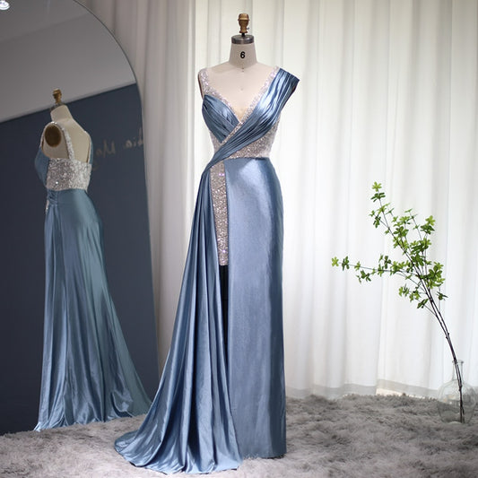 Elegant Blue Mermaid Long Evening Dresses Luxury Dubai High Slit Formal Prom Dress For Women Wedding Party SS478