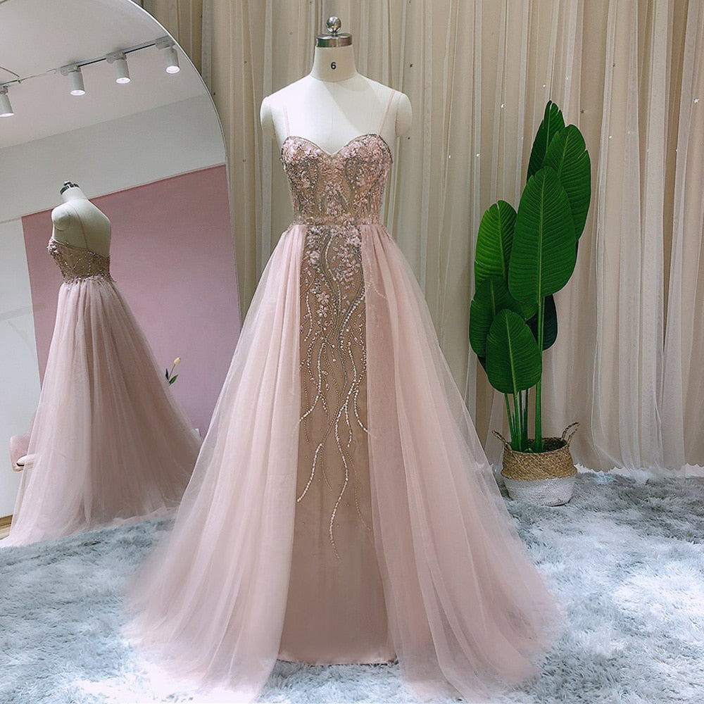 Blush Pink Dubai Evening Dresses with Overskirt Spaghetti Straps Sexy Long Luxury Wedding Party Prom Dress SS773