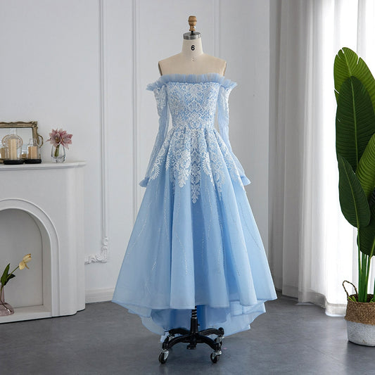 Luxury Dubai Light Blue High Low Evening Dress Short Front Long Back Midi Formal Prom Dress for Wedding Party SS444