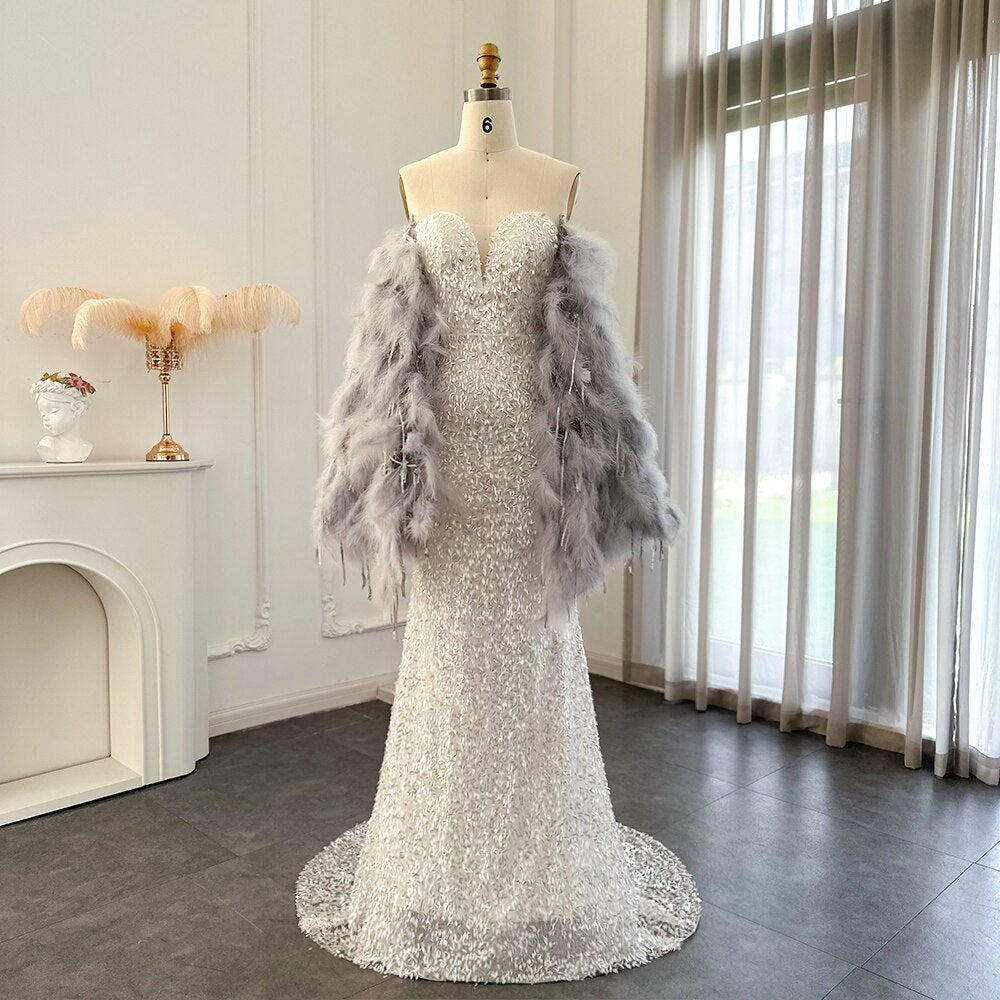 Luxury Feathers Silver Gray Mermaid Evening Dresses with Cape Tassel Long Prom Formal Party Gowns for Wedding SS262
