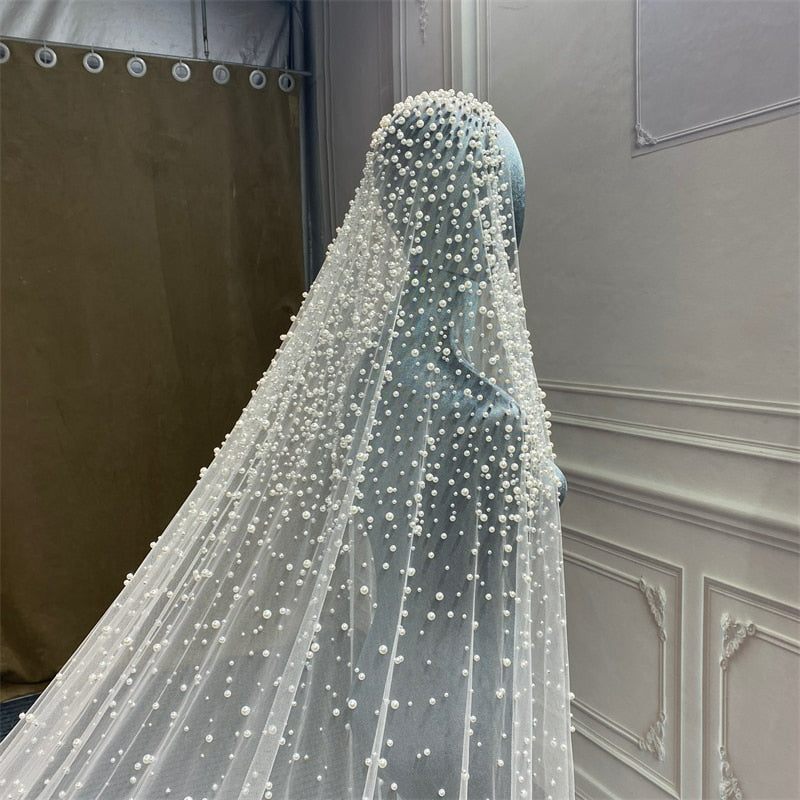 Pearls Ivory Long Bridal Veil With Comb One Layer Cathedral Wedding Veil with Pearls Velos de Noiva Crystal Beads and Diamonds