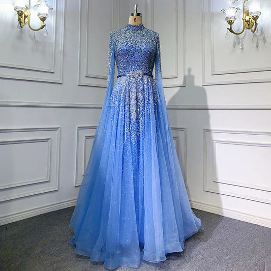 Blue A-Line High-end Beaded Luxury Cape Sleeves Evening Dresses Gowns For Woman Party LA70066B