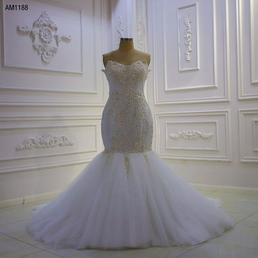 AM1188 Strapless Mermaid Pearl Beading luxury Wedding Dress