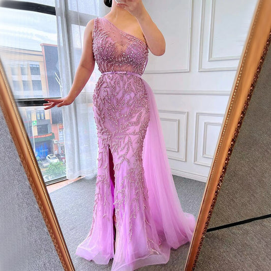 Pink Sexy High Split Mermaid Elegant Evening Dresses Gowns Luxury Beaded For Women Party LA71582