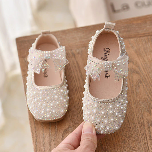 New Girl's Princess Shoes Children's Fashion Bow Rhinestone Sequin flower girl Kids Shoe Baby Girls Party Student Flat Leather Shoes