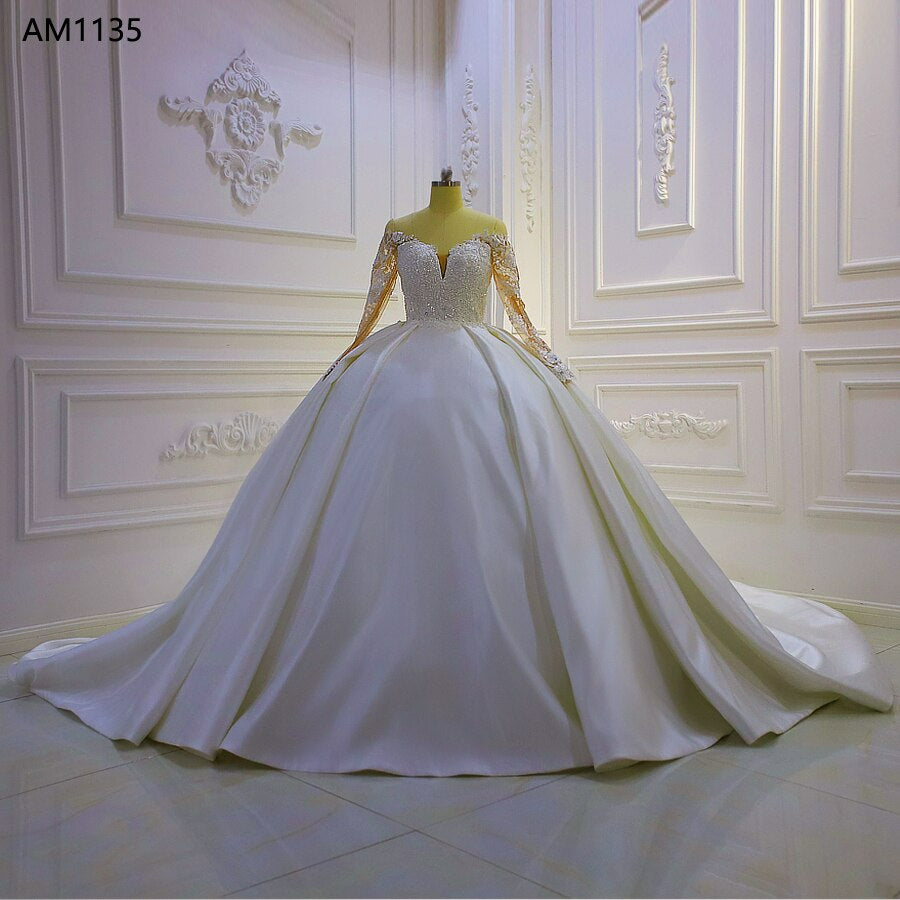 AM1135 Off Shoulder Long Sleeve Ball Gown Luxury Wedding Dress