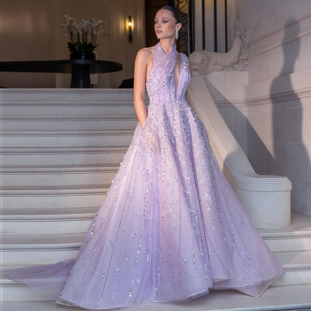 Luxury Beaded Dubai Lilac Evening Dresses for Women Wedding Party Elegant Long Arabic Prom Formal Gowns SS329
