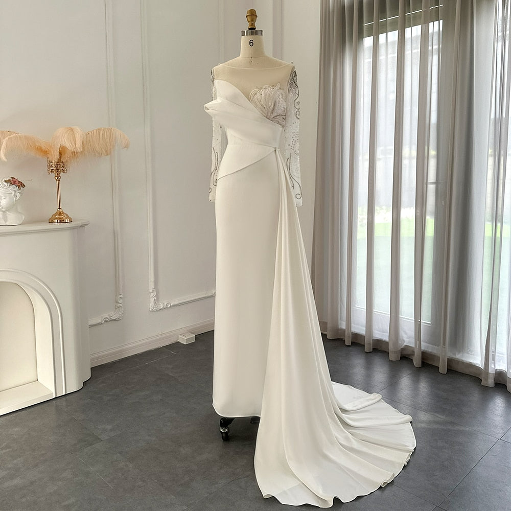 Elegant One Shoulder Mermaid Evening Dresses with One Sleeve Overskirt Arabic Ivory Formal Prom Dress for Women Wedding Party
