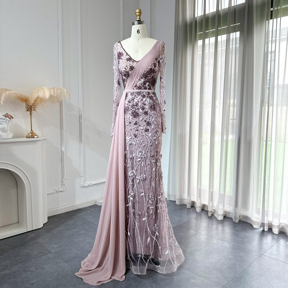 Luxury Dubai Pink Mermaid Evening Dresses with Overskirt Long Sleeves Elegant Plus Size Women Wedding Party SS139
