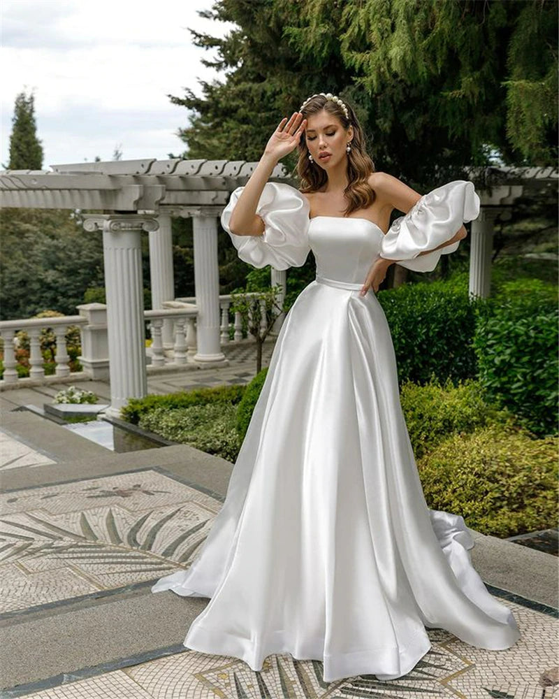 Simple V-Neck A-Line Satin Wedding Dress With Beaded Belt And Brush Train -  UCenter Dress