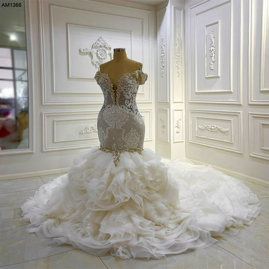 AM1366 Off The Shoulder V-neck Full Beading Detachable Ruffles Mermaid Wedding Dress