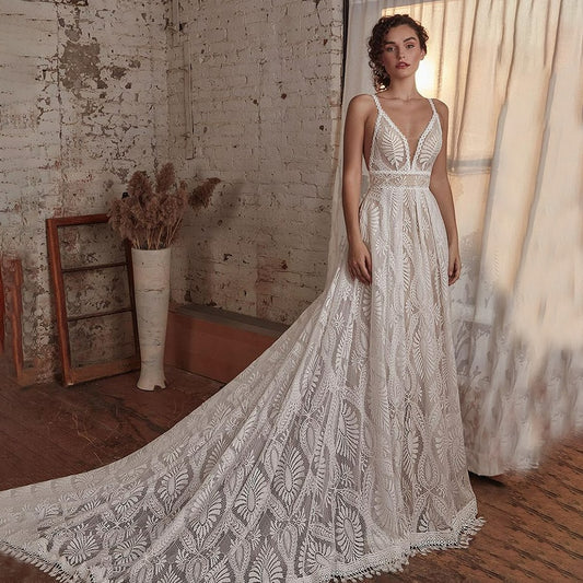 A line boho spaghetti strap lace wedding dress with long sleeve bolero cheap affordable wedding dress