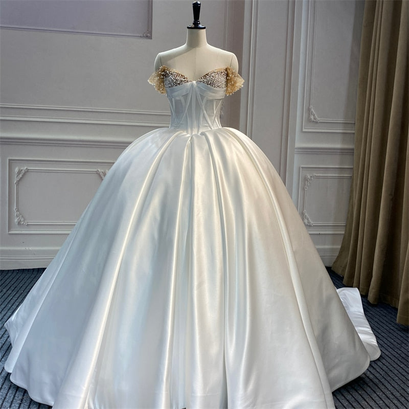 MW004 Luxury Satin Bridal Dress with Pearls off the shouldre Strapless Plus Size Vestido De Noiva Robe Mariage