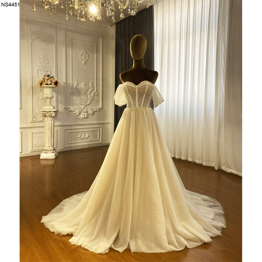 NS4451 Off Shoulder Pearls Beach Casual Wedding Dress