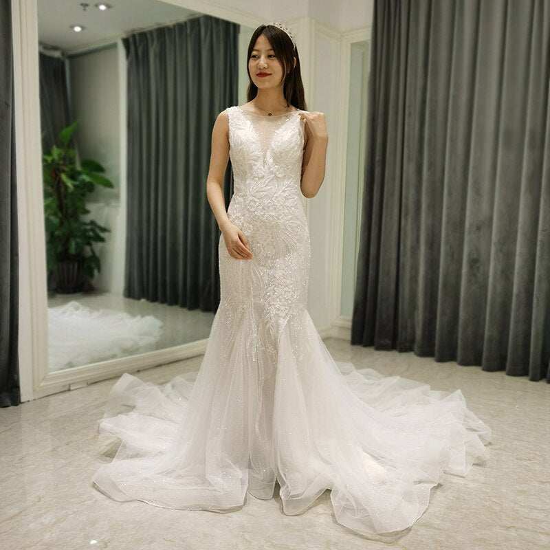 New sexy mermaid wedding dress lace bridal gowns v neck wedding gowns bride dress crystal with tippet