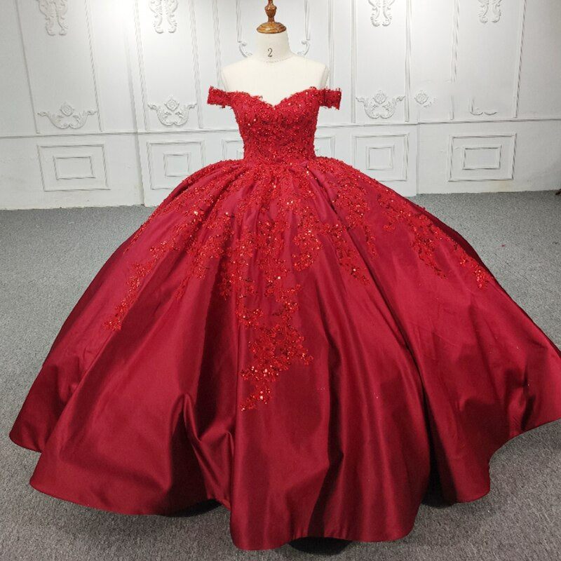 Long Ball gown Red wedding evening quinceanera shiny sequined dress