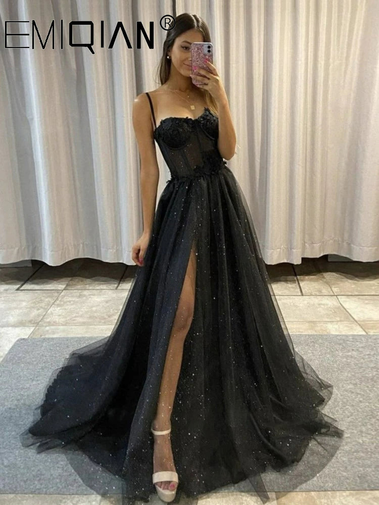 Side Slit 3D Flowers Black Wedding dress Long Evening Gowns , Spaghetti Straps Sweetheart Bones Black Glitter A Line Tulle Prom Dresses