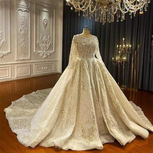 NS4298 Crystal and Pearl beading long sleeve muslim modest luxury wedding dress