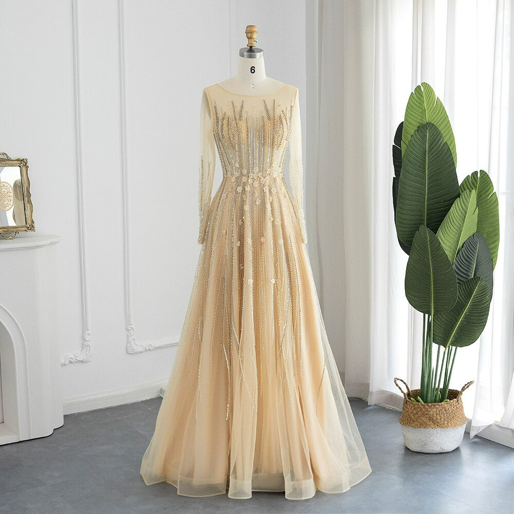 Elegant Gold 3D Flowers Luxury Dubai Evening Dresses for Women Wedding Party Beading Arabic Formal Prom Gowns SS311