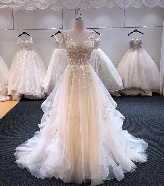 Gorgeous Appliques Court Train A-Line V-neck Wedding Dresses Luxury Beaded Backless Bridal Gown vestido de noiva