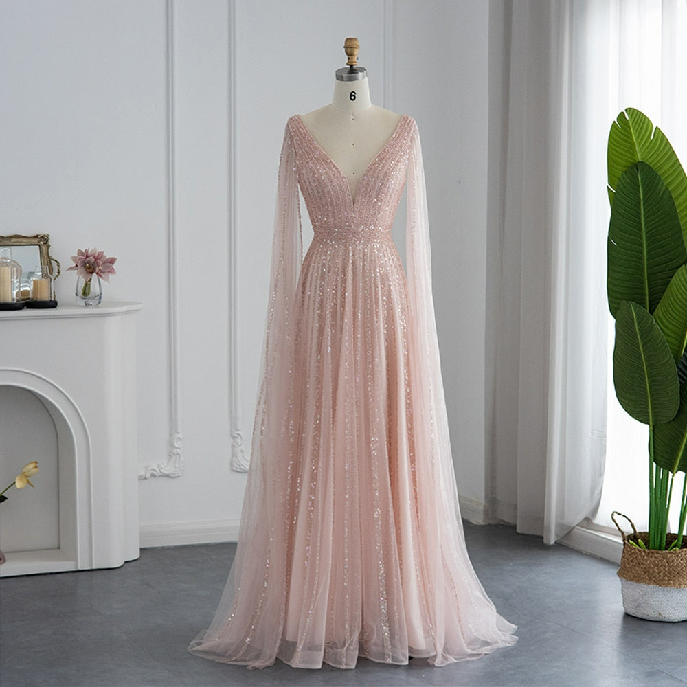 Luxury Nude Dubai Evening Dress with Cape Sleeves Blush Pink Arabic Formal Dresses for Women Wedding Party SS322