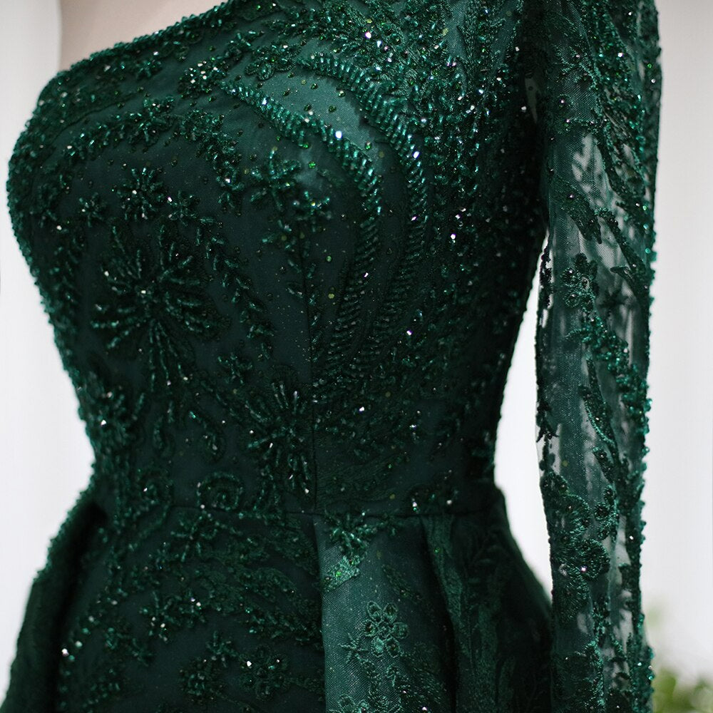 Emerald Green One Shoulder Mermaid Evening Dress Overskirt Luxury Arabic Plus Size Women Formal Party Gowns for Wedding SS133