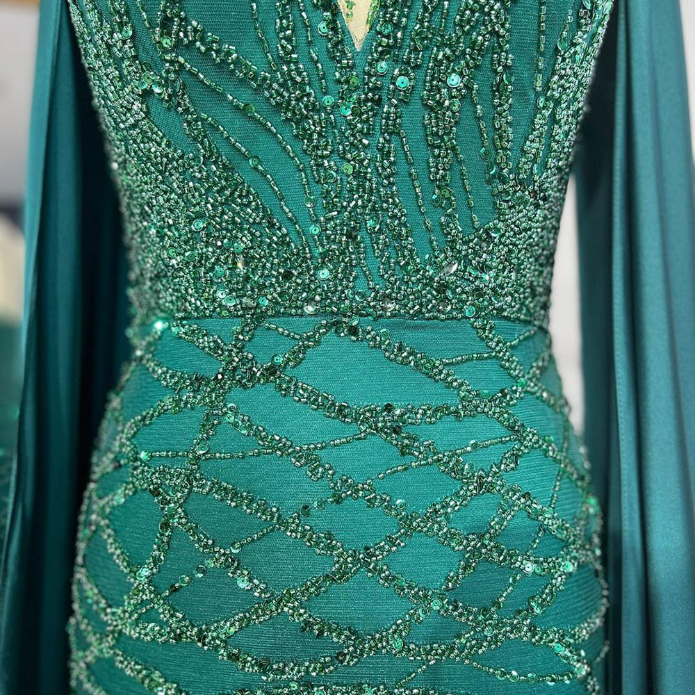 Green Cape Sleeves Luxury Evening Dress Gowns Mermaid Beaded Elegant For Women Party LA71668