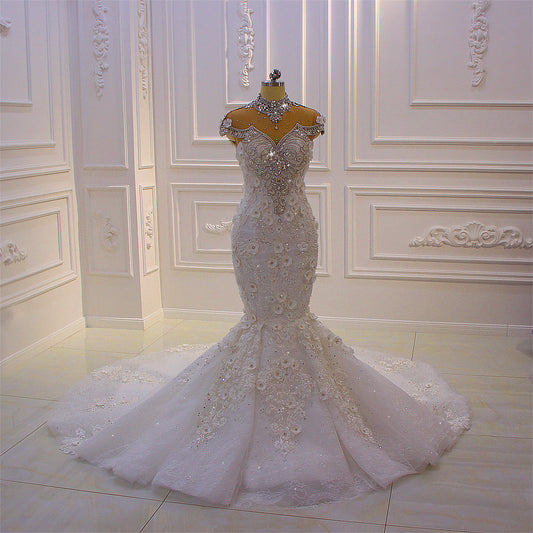 AM210 Luxury High Neck Rhinestone Crystal Flowers Mermaid African Wedding Dress