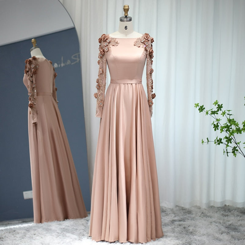 Champagne Muslim Evening Dress with Detachable Overskirt Luxury Dubai Women Fuchsia Wedding Formal Party Gowns SS502