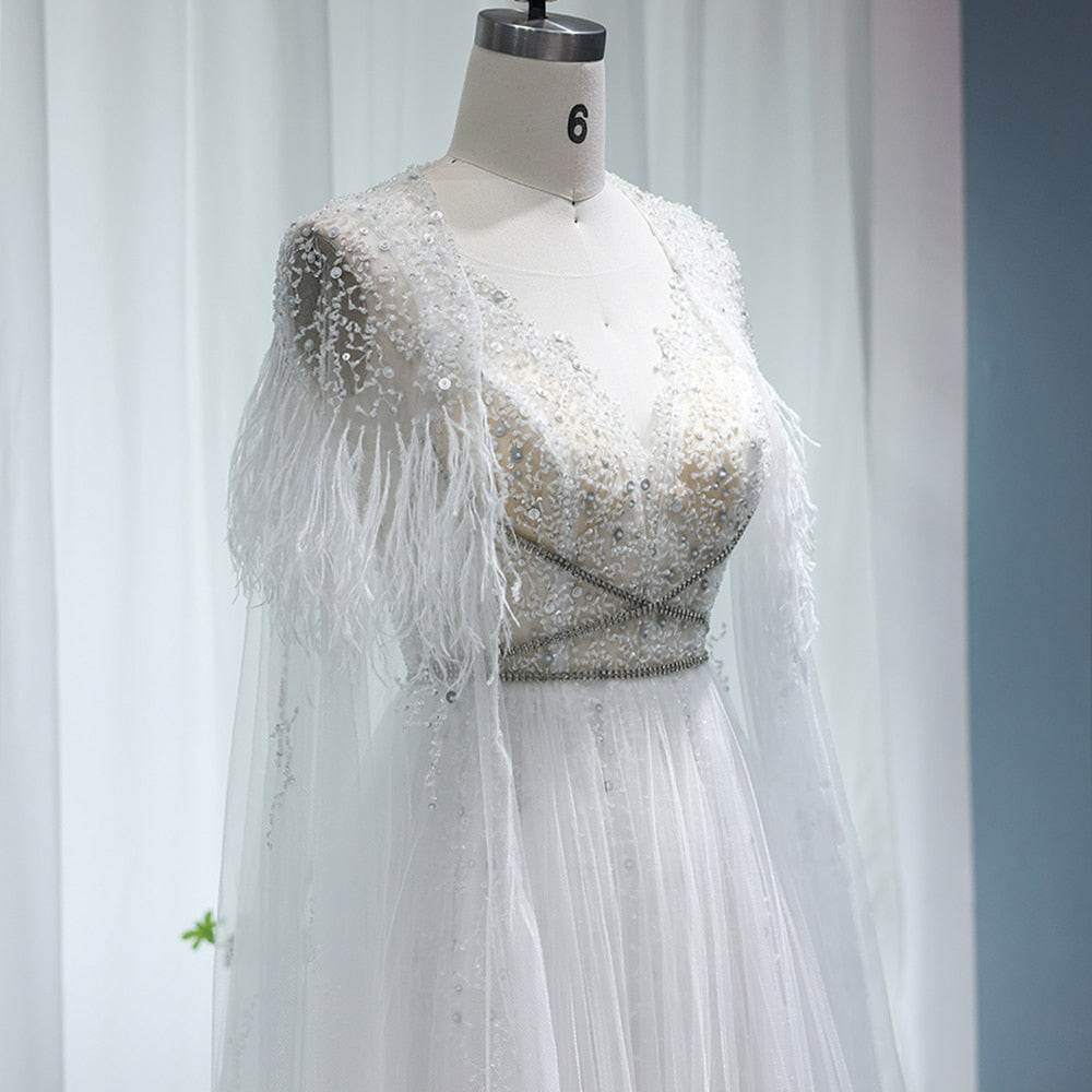 Luxury Dubai Silver Grey Evening Dresses with Feather Cape Shawl Arabic Women Wedding Party Formal Prom Dress SS147