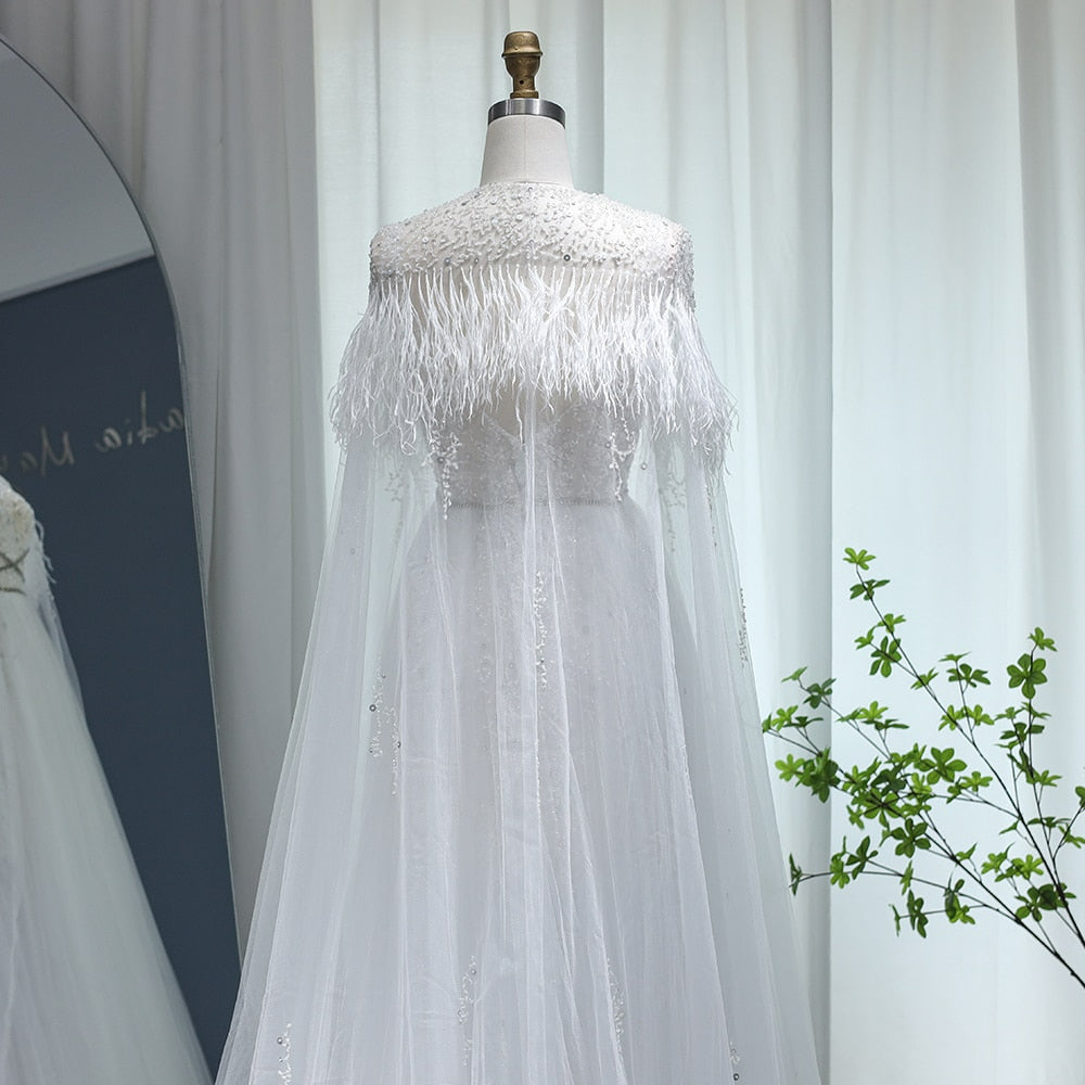 Luxury Dubai Silver Grey Evening Dresses with Feather Cape Shawl Arabic Women Wedding Party Formal Prom Dress SS147