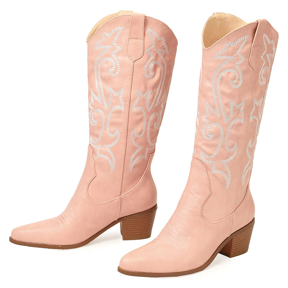 Fashion White Western cowgirl wedding Boots For Women Slip On Mid-calf Cowboy Boot Shoes Woman wedding cowgirl boots