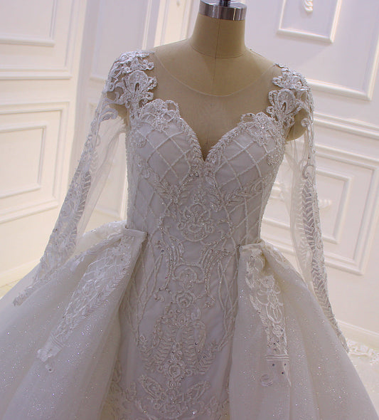 AM291 Full Sleeve Lace Applique Sparkle Removable Skirt Wedding Dress