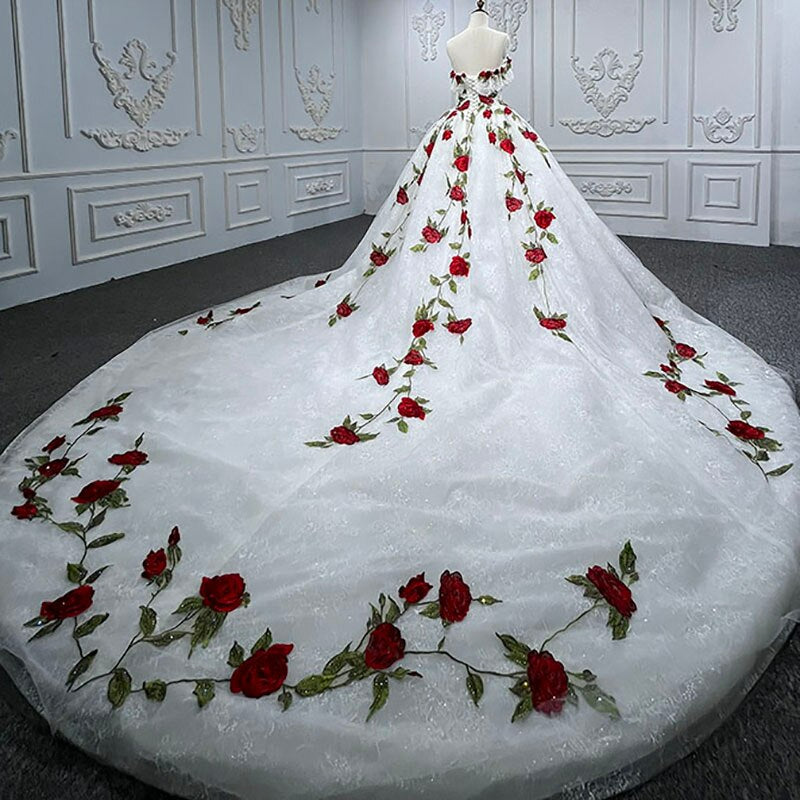 Flower applique ball gown white luxury gala quinceanera wedding evening dress