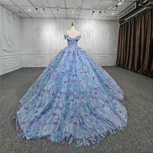 Purple and blue flower embroidered luxury ball gown quinceanera evening gala wedding dress