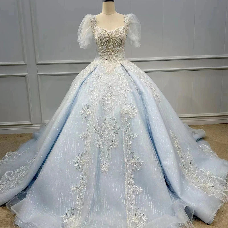 Elegant Tiered Blue Wedding Gown