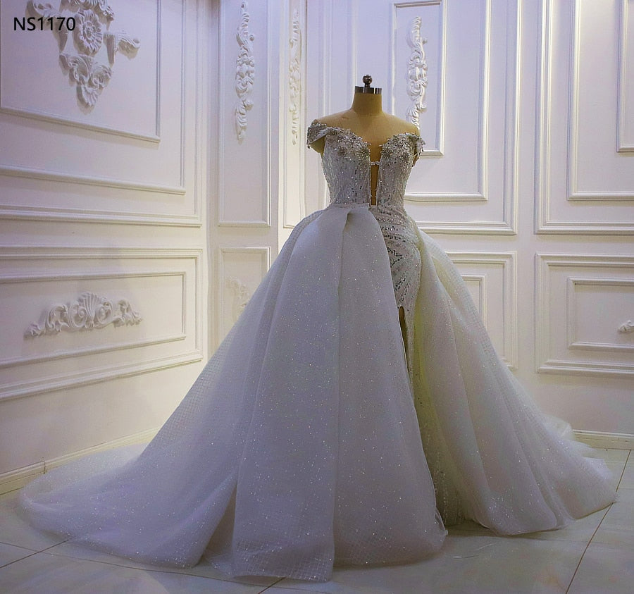 AM1170 2 in 1 Off the shoulder Swarovski crystal shiny Applique High Split detachable train Luxury Wedding Dress