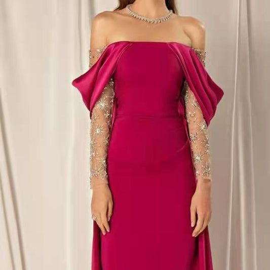Elegant Off Shoulder Fuchsia Evening Party Dress for Women Wedding Arabic Beaded Long Sleeve Formal Prom Gowns SS332