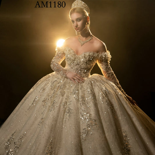 AM1180 Off Shoulder ruffles Lace crystal Appliqued luxury ball gown Wedding dress