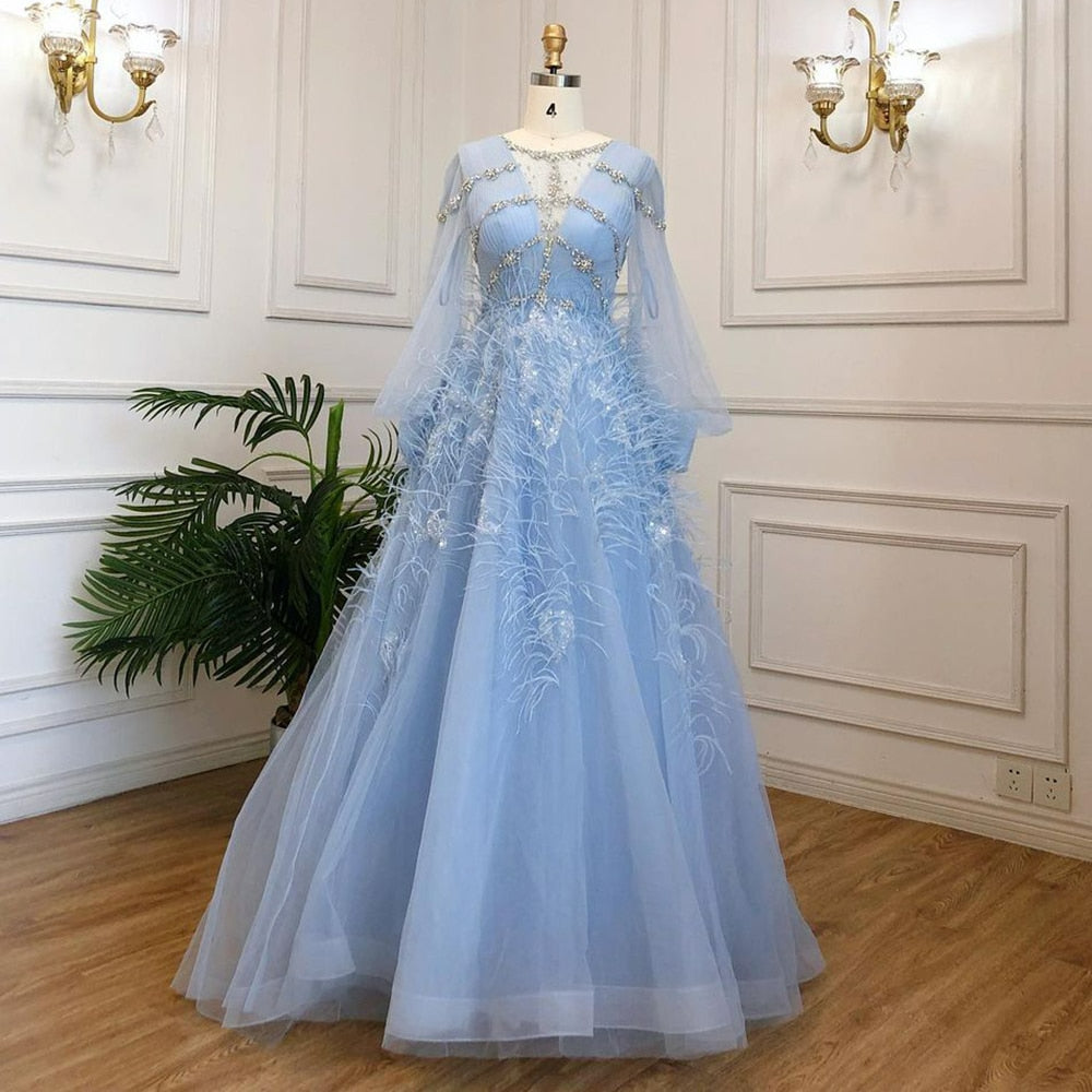 Blue A-Line Luxury Evening Dresses Gowns Long Beaded Feather For Women Party LA71495