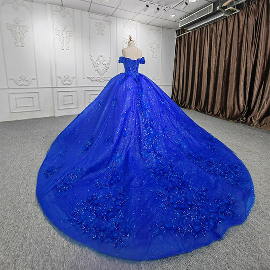 Blue ball gown 3d flower applique luxury evening gala quinceanera wedding dress