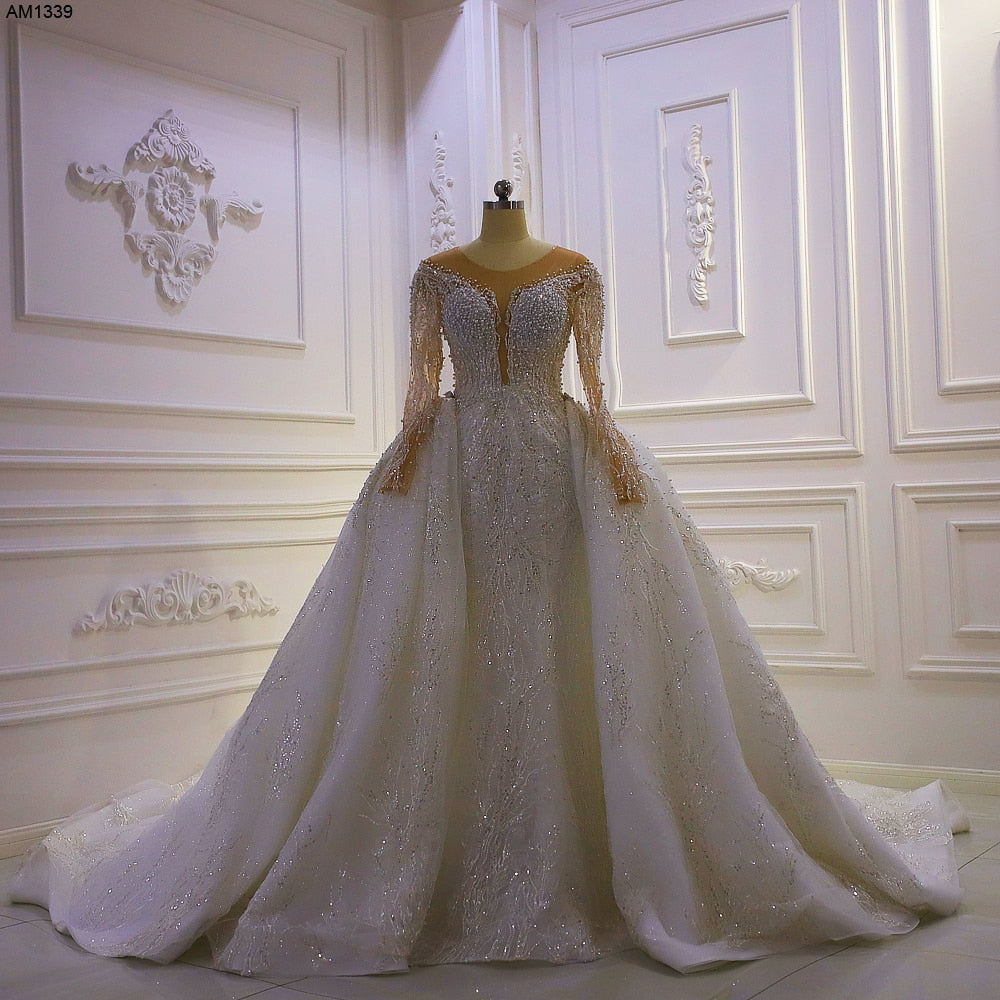 AM1339 Off The Shoulder V-neck Full Beading 2 in 1 Mermaid Luxuru Wedding Dress