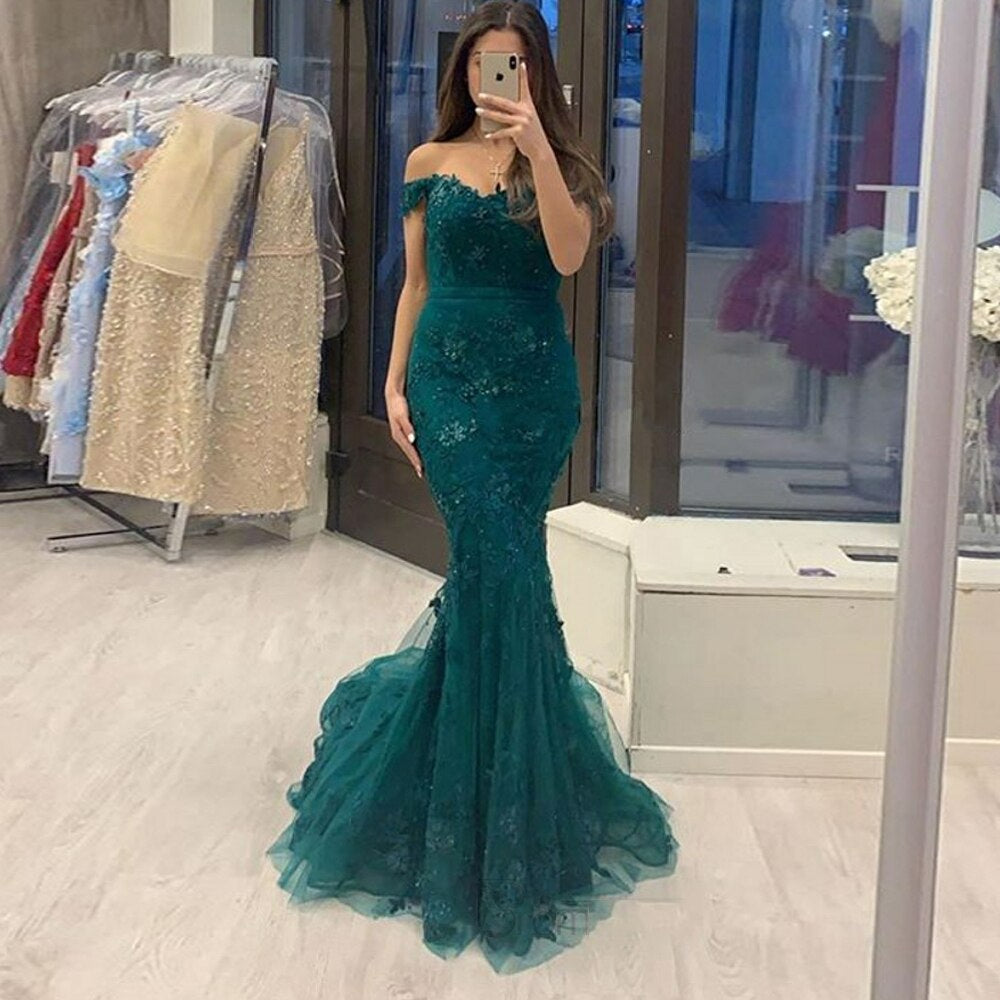 Green Mermaid Lace Evening Dress Party Elegant Off The Shoulder Prom Gown Detachable Train 2 in 1 Long Dress