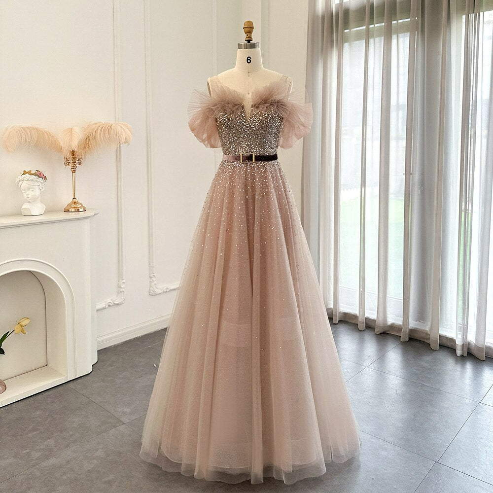 Bling Pink Luxury Dubai Evening Dresses with Belt Elegant Off Shoulder Blue Arabic Women Wedding Party Gowns SS375