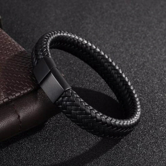 Classic Black Leather Bracelet with Metal Magnetic Clasp Fashion Bracelet Jewelry Beautiful Gift for Men