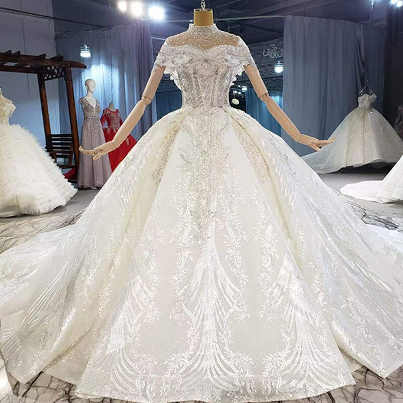 Deep V-Neck Short Sleeve Ball Gown Sequined Beading Crystal Wedding Dress