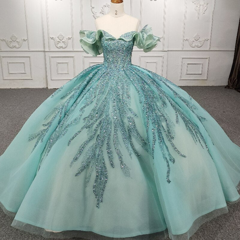Green sequined luxury ball gown dress